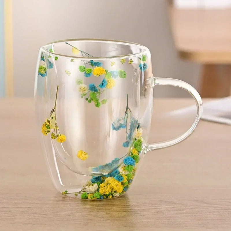 Dried Flower Double Wall Glass Mug