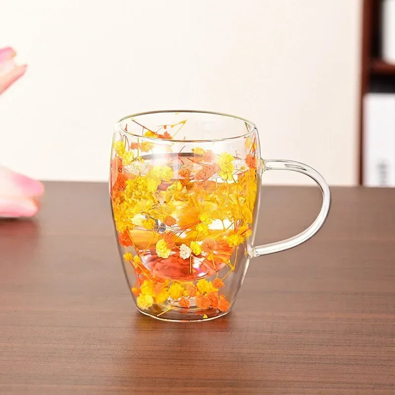 Dried Flower Double Wall Glass Mug