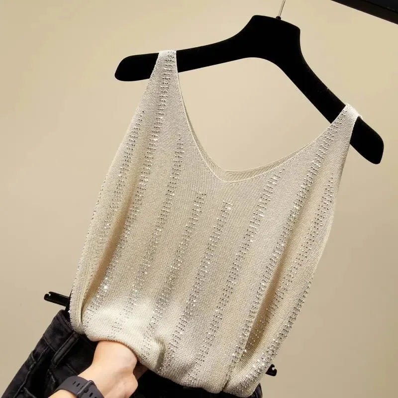 Elegant Rhineston Sleeveless Bright Silk Tank Top