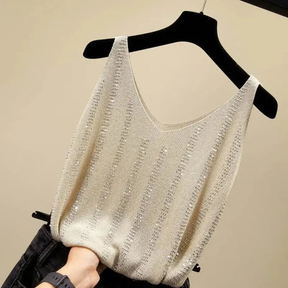 Elegant Rhineston Sleeveless Bright Silk Tank Top