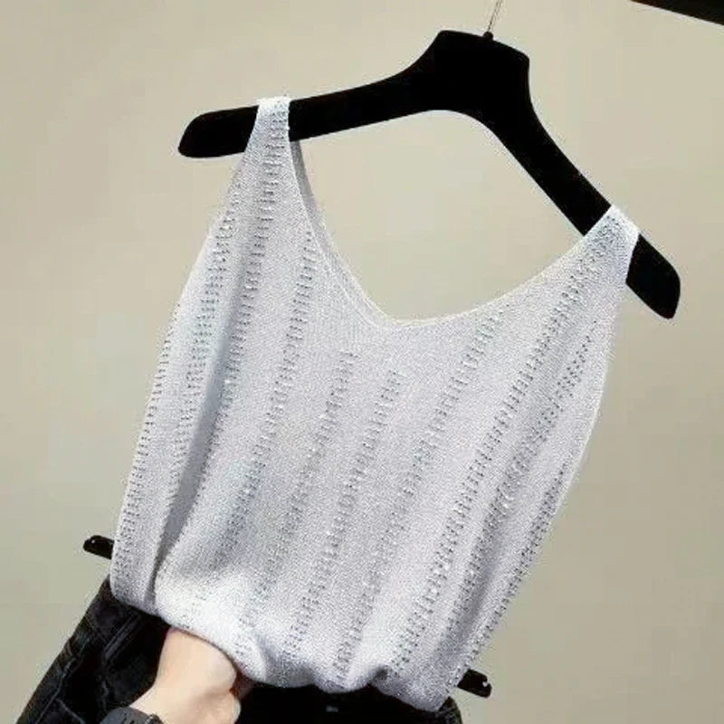 Elegant Rhineston Sleeveless Bright Silk Tank Top