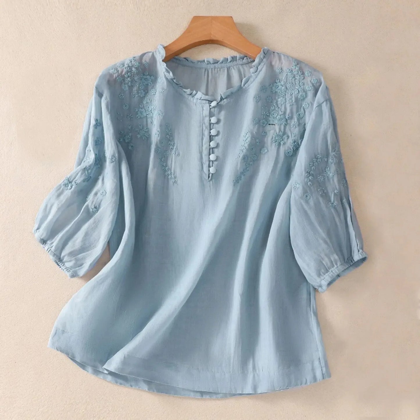 Embroidered Cotton Linen Women's LongSleeve Tops