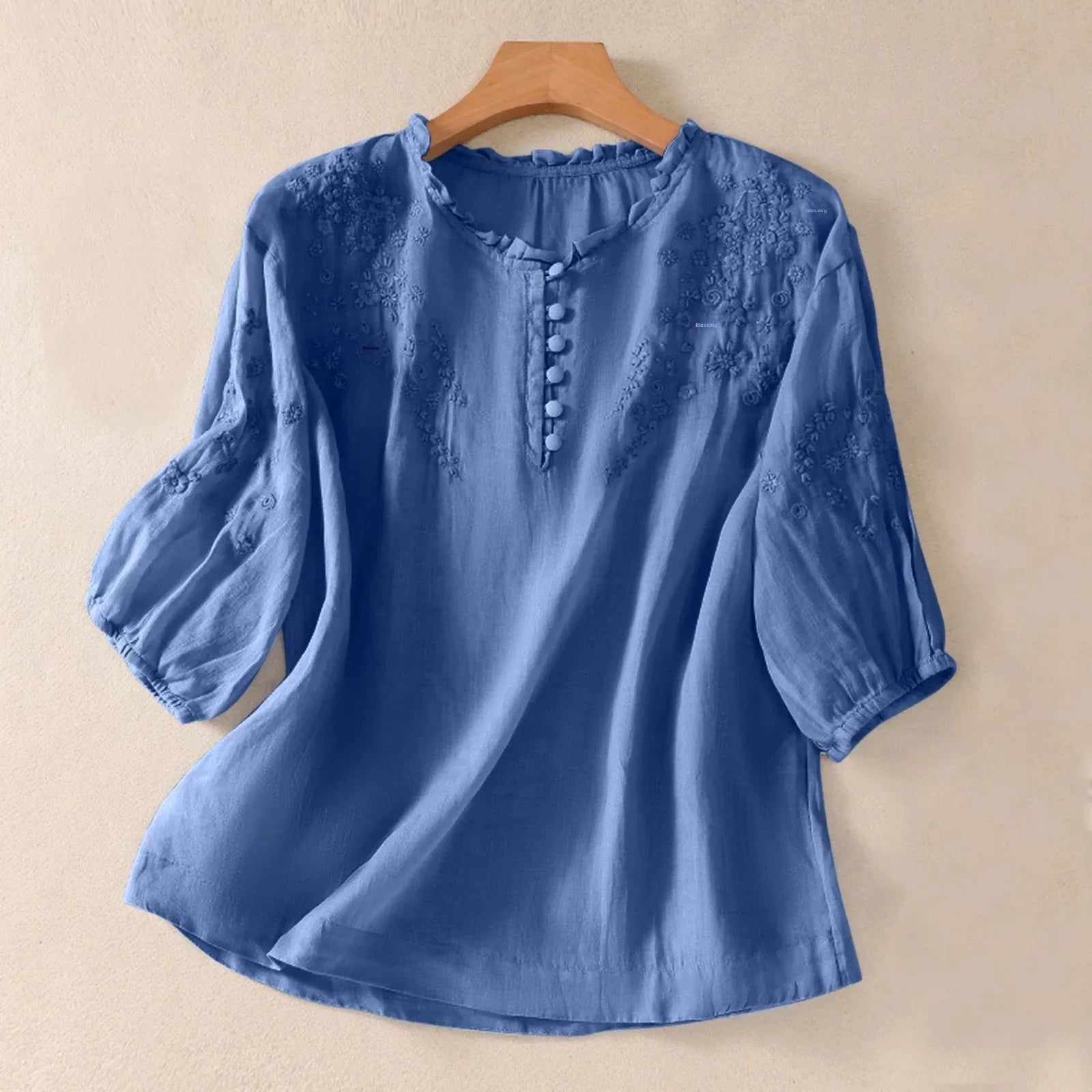 Embroidered Cotton Linen Women's Long Sleeve Tops