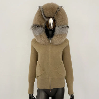 Female Real Fox Fur Collar Zipper Cardigan Jacket