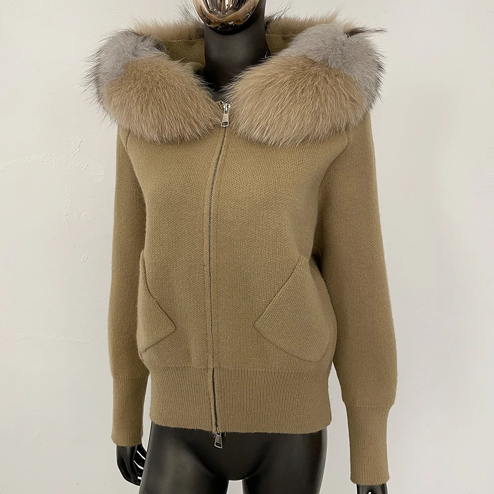 Female Real Fox Fur Collar Zipper Cardigan Jacket