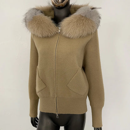 Female Real Fox Fur Collar Zipper Cardigan Jacket