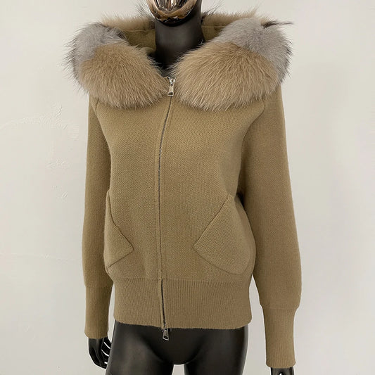 Female Real Fox Fur Collar Zipper Cardigan Jacket