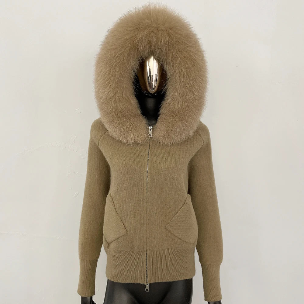 Female Real Fox Fur Collar Zipper Cardigan Jacket