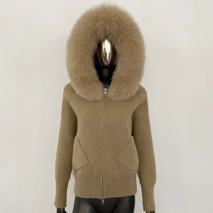 Female Real Fox Fur Collar Zipper Cardigan Jacket