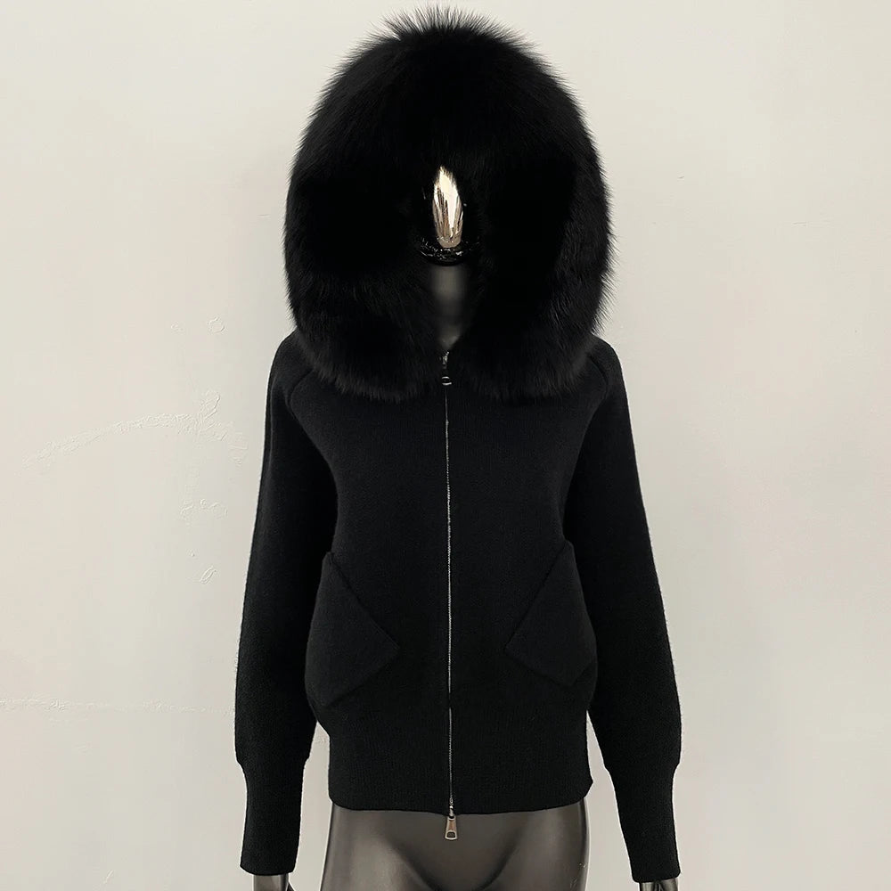 Female Real Fox Fur Collar Zipper Cardigan Jacket