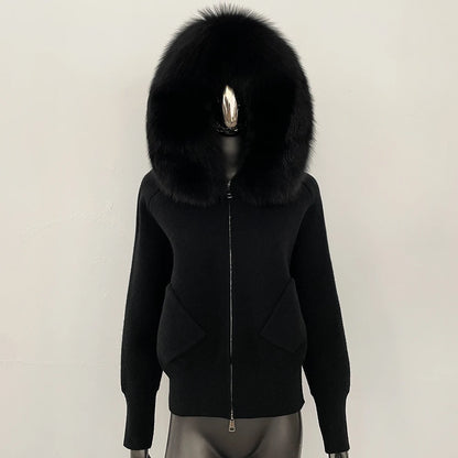 Female Real Fox Fur Collar Zipper Cardigan Jacket