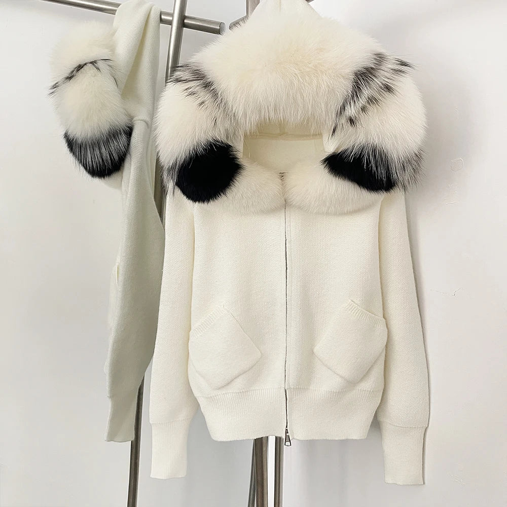Female Real Fox Fur Collar Zipper Cardigan Jacket