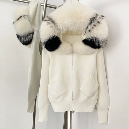 Female Real Fox Fur Collar Zipper Cardigan Jacket