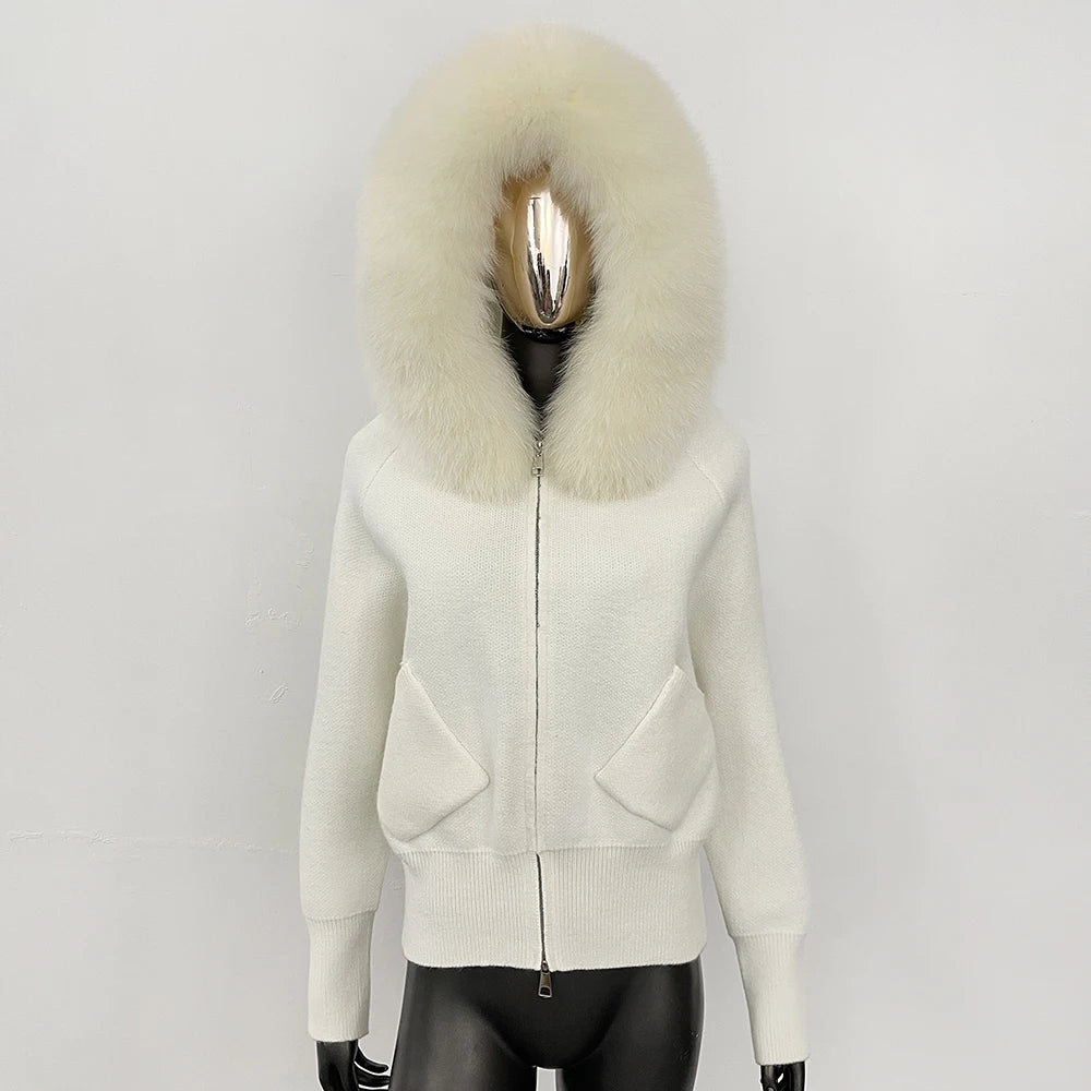 Female Real Fox Fur Collar Zipper Cardigan Jacket