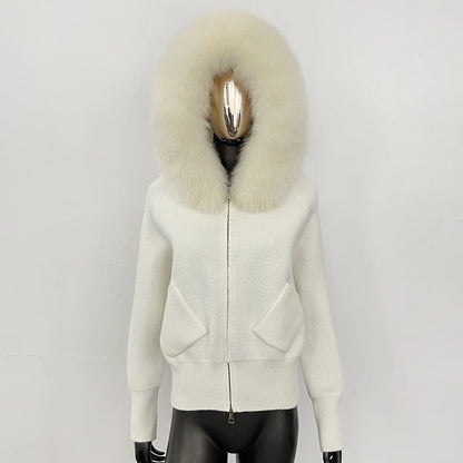 Female Real Fox Fur Collar Zipper Cardigan Jacket