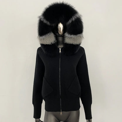 Female Real Fox Fur Collar Zipper Cardigan Jacket