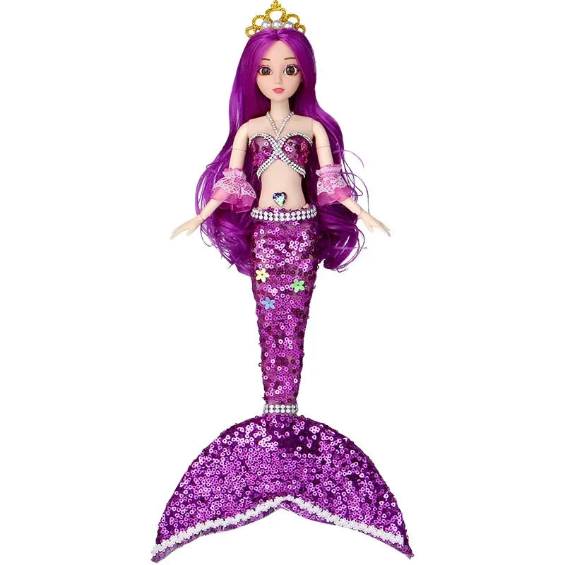 Mermaid doll with purple hair and tail on a white background