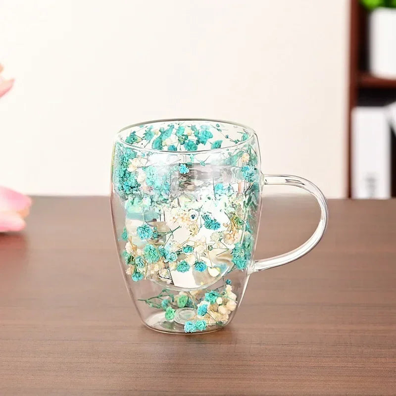 Dried Flower Double Wall Glass Mug