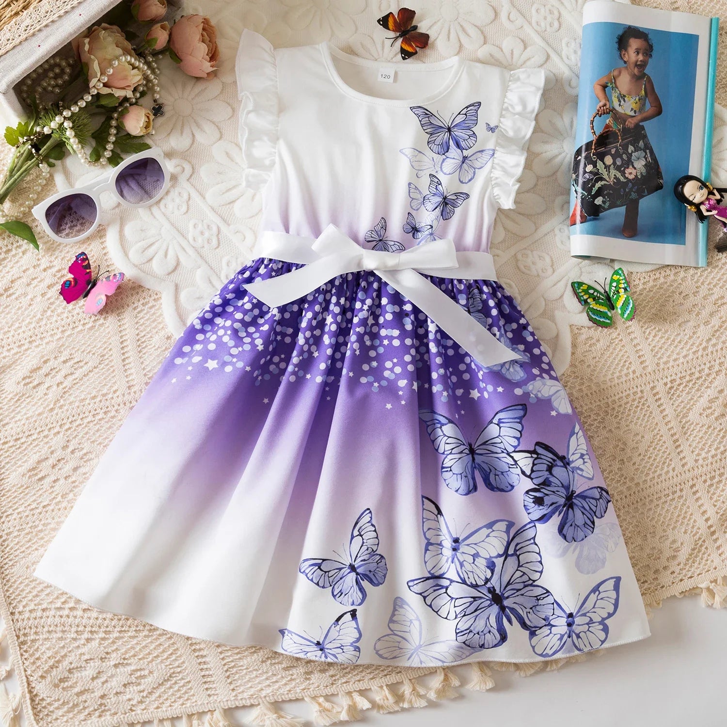 Girl's Summer Ruffles Butterfly Print Dress