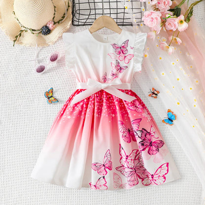 Girl's Summer Ruffles Butterfly Print Dress