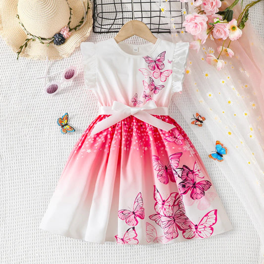 Girl's Summer Ruffles Butterfly Print Dress