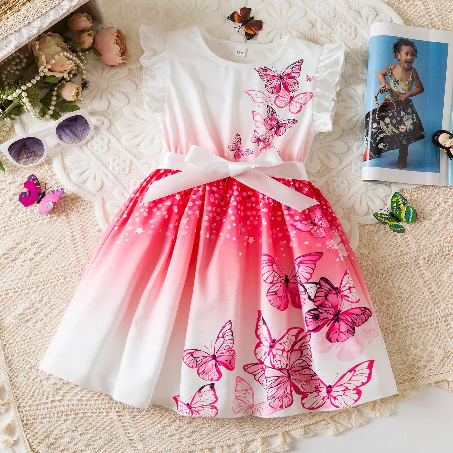 Girl's Summer Ruffles Butterfly Print Dress