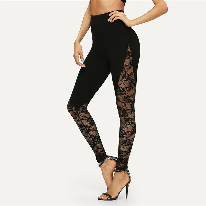 Sexy Leggings aus schwarzer Spitze mit hoher Taille