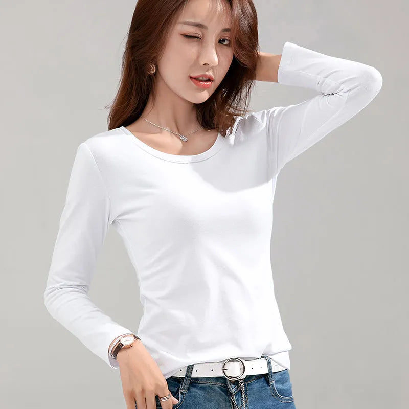 Slim Long-sleeved Cotton Tee Women's White Tops for a Chic Look