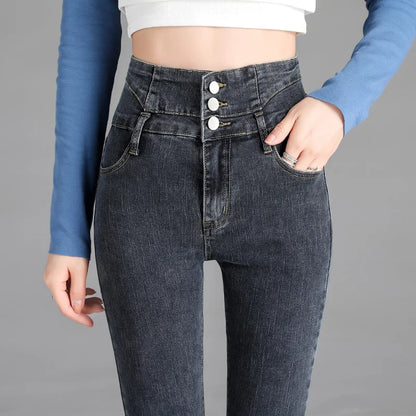 Jean skinny extensible taille haute vintage pour femme