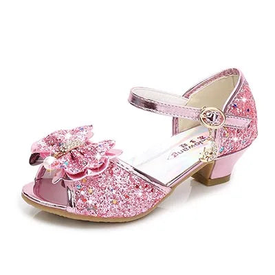 Girls Leather Glitter Bow Heeled Sandals