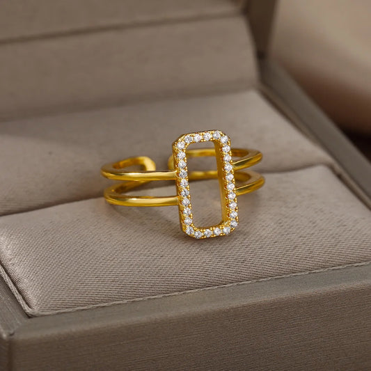 Rectangle Zircon Adjustable Gold Stainless Steel Rings