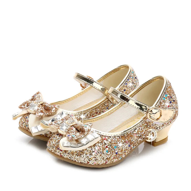 Girls Leather Glitter Bow Heeled Sandals