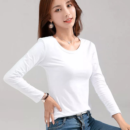Slim Long-sleeved Cotton Tee Women's White Tops for a Chic Look