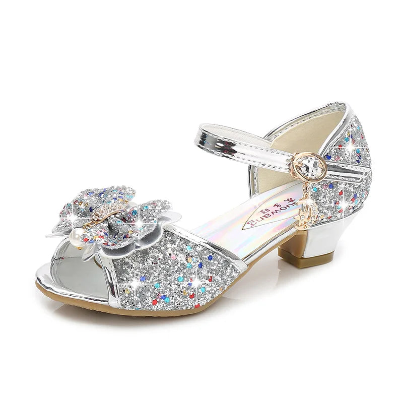 Girls Leather Glitter Bow Heeled Sandals