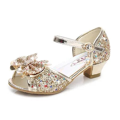 Girls Leather Glitter Bow Heeled Sandals