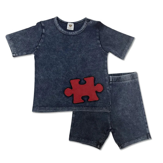 Knitted denim summer set with red patches