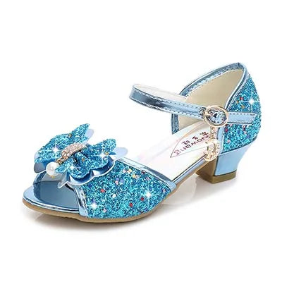 Girls Leather Glitter Bow Heeled Sandals