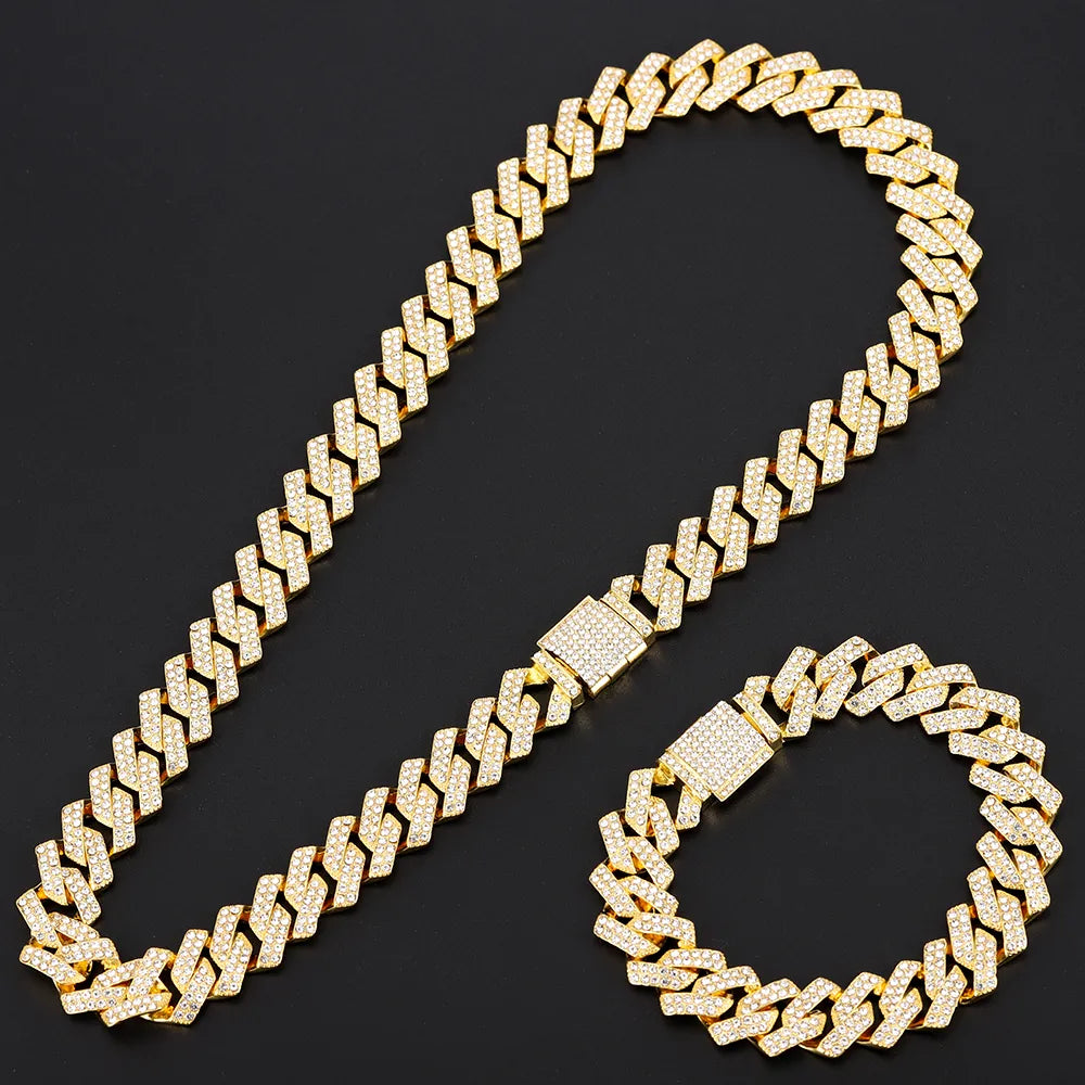 16mm Hip Hop Miami Cuban Link Kettenset Halskette +Uhr+Armband