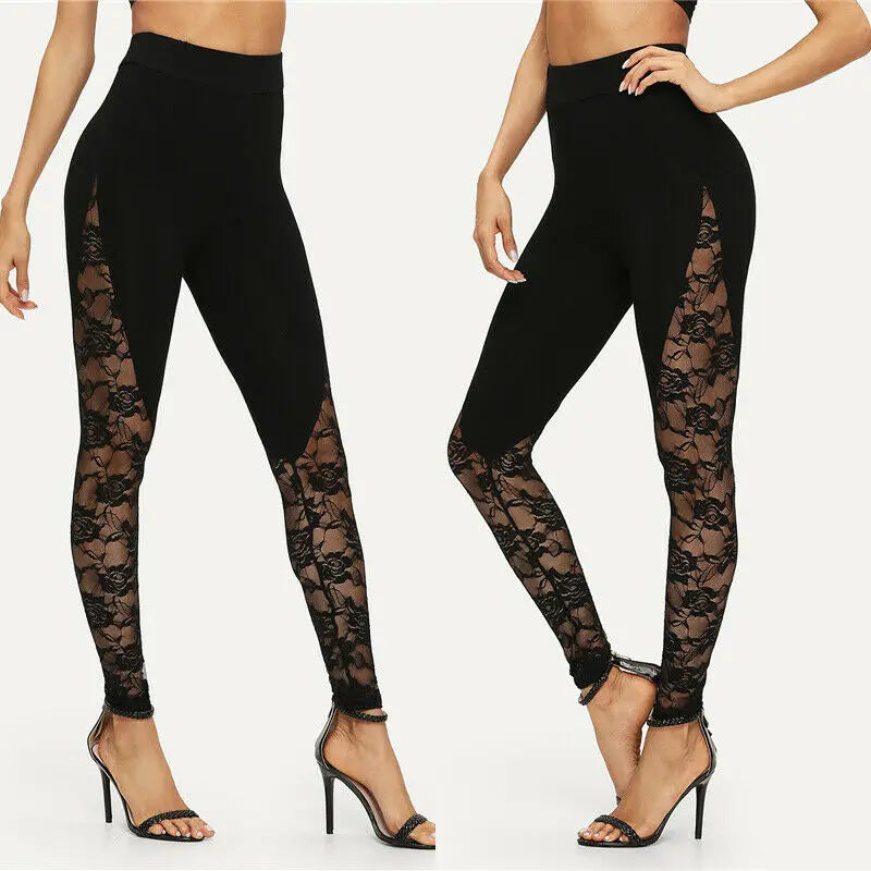 Sexy Leggings aus schwarzer Spitze mit hoher Taille