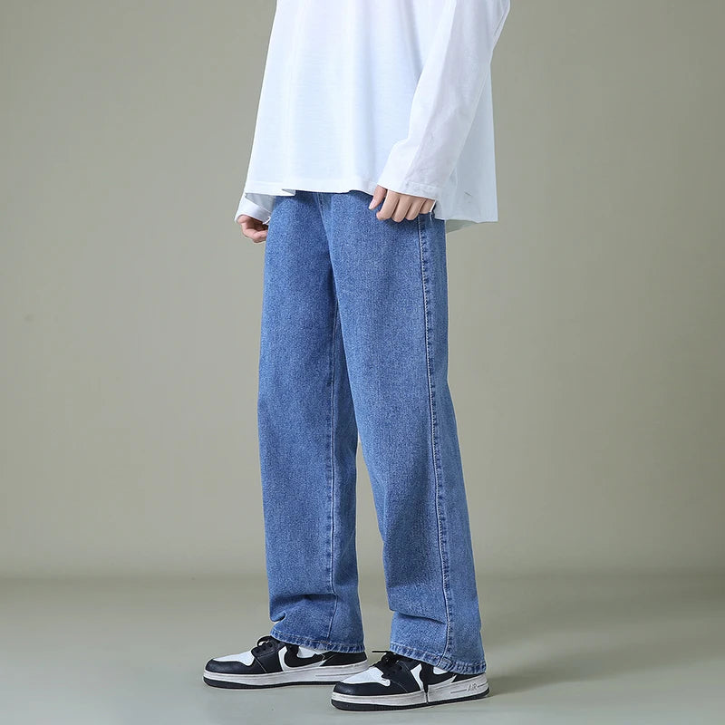 Jeanshose im koreanischen Stil mit weitem Bein – Hellblau und Schwarz