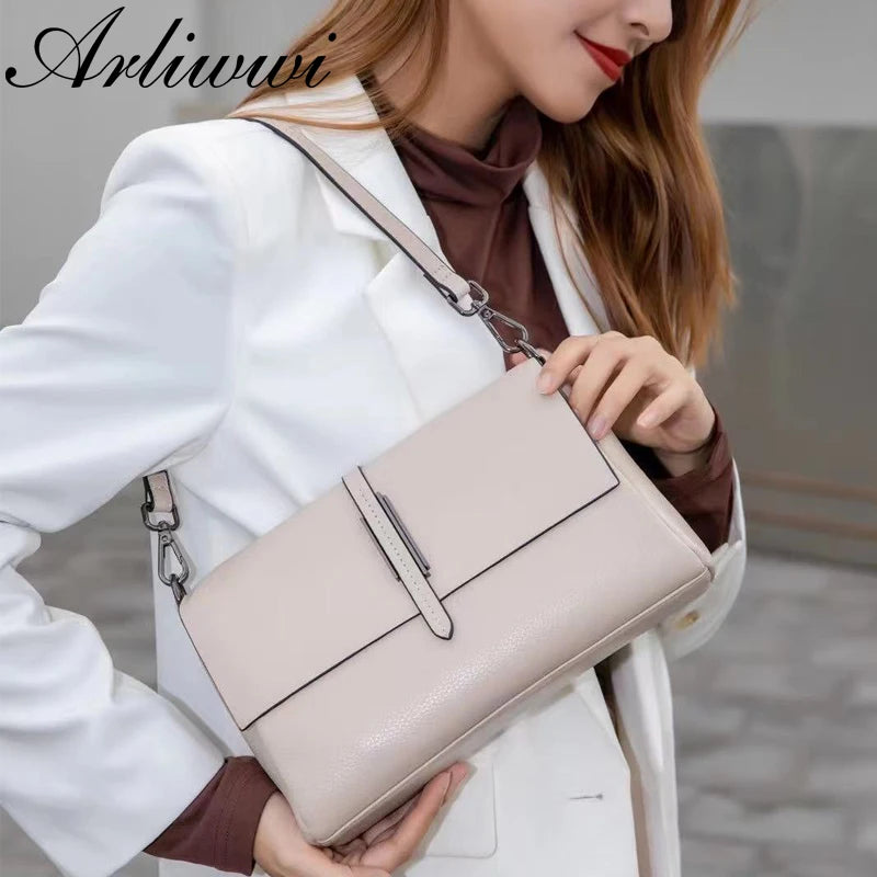 Sac à bandoulière en cuir de vache véritable pour femme - Sac à main de couleur unie pour femme