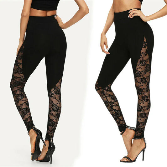 Sexy Leggings aus schwarzer Spitze mit hoher Taille