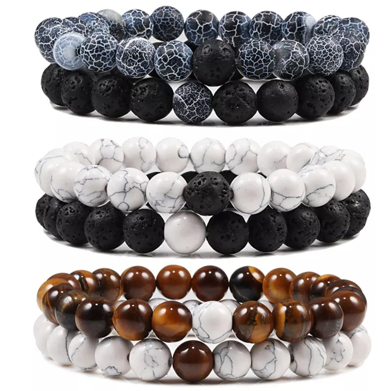 Armband-Set für Paare in Schwarz, Weiß und Naturstein