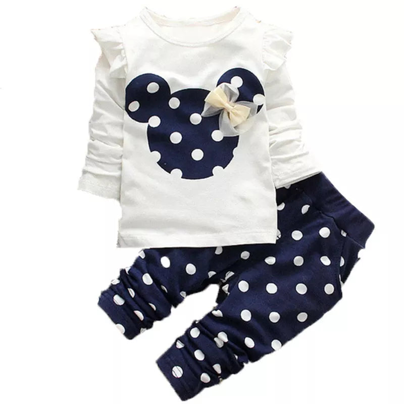 Baby Mädchen Langarm T-Shirt mit Schleife und Punkten + Hose