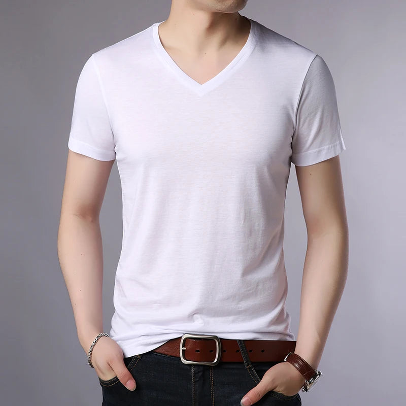 Streetwear Chic, Top-Grade Solid Color V-Neck T-Shirts for Men