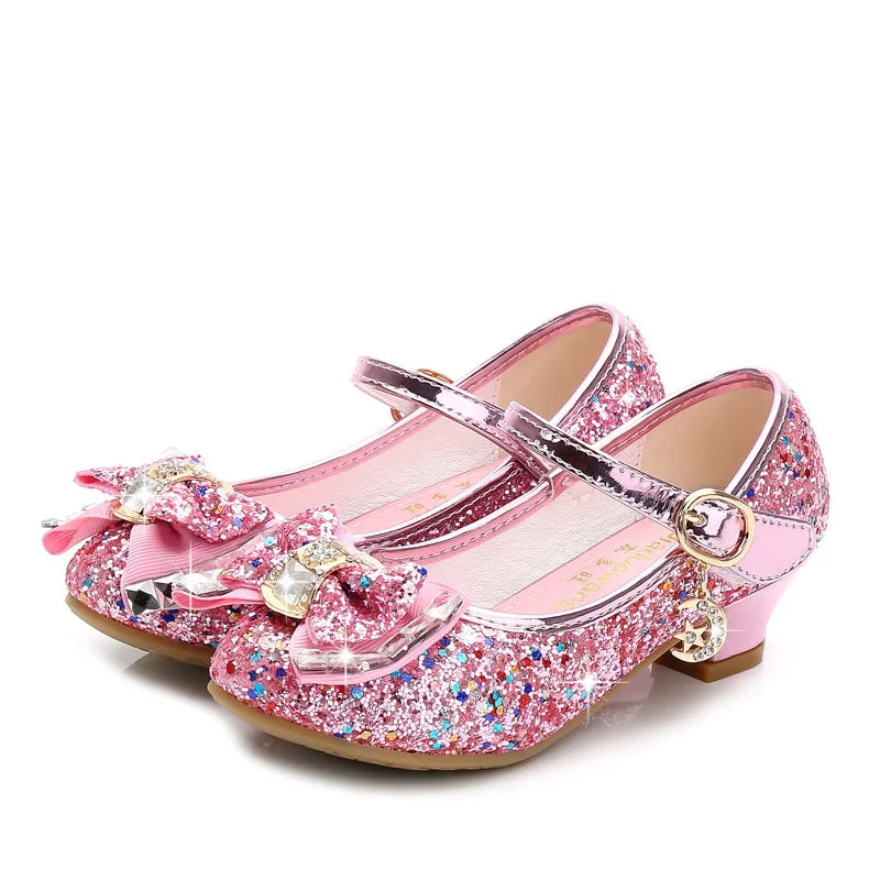 Girls Leather Glitter Bow Heeled Sandals