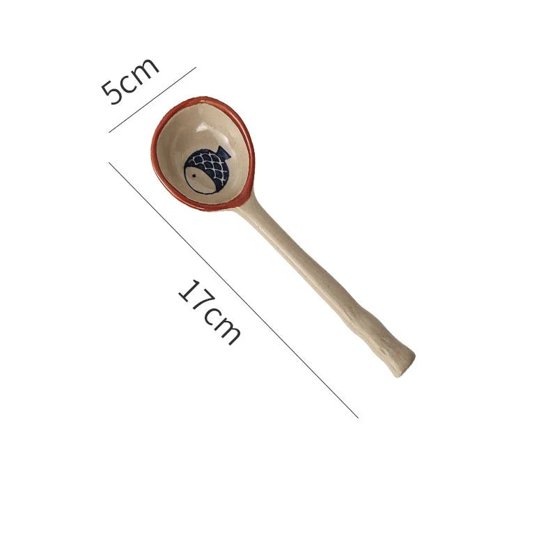Hand Painted Long Handle Ceramic Soup Spoon