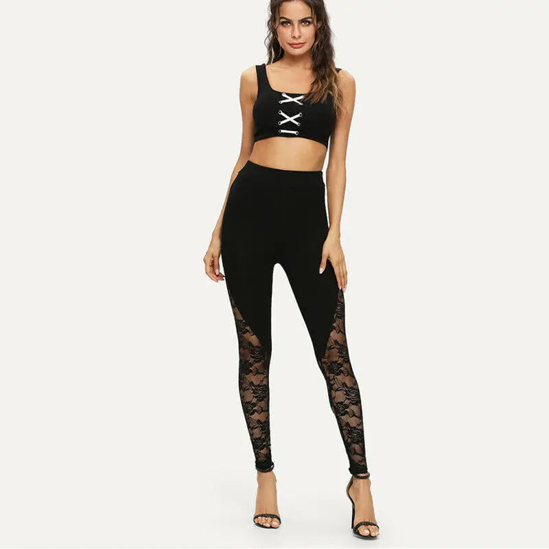 Sexy Leggings aus schwarzer Spitze mit hoher Taille