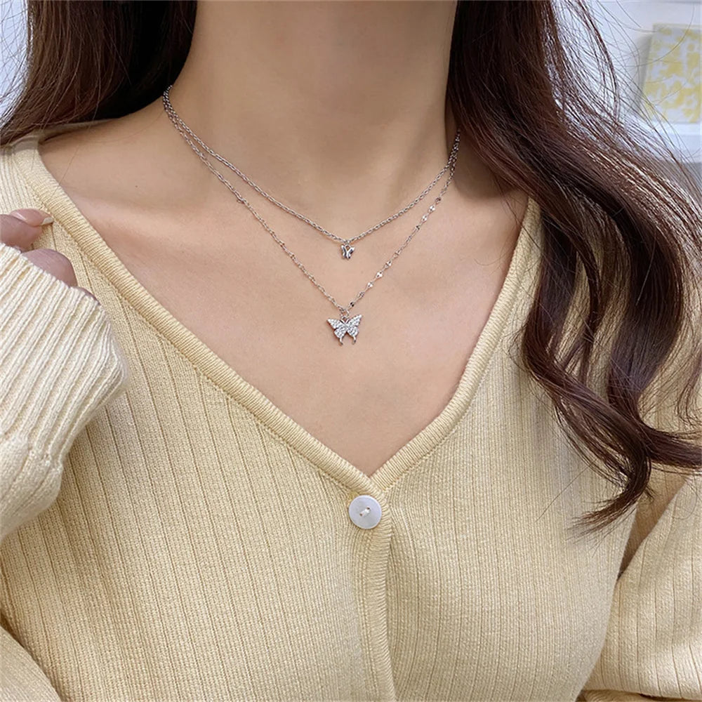 New Shiny Butterfly Necklace - Ladies Exquisite Double Layer Clavicle Chain Necklace Jewelry