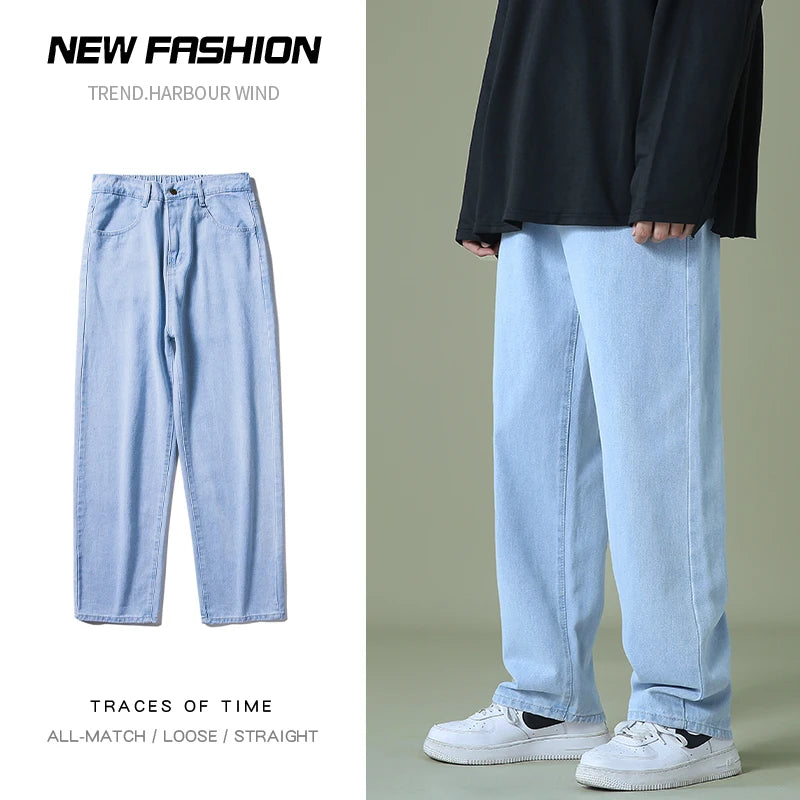 Jeanshose im koreanischen Stil mit weitem Bein – Hellblau und Schwarz